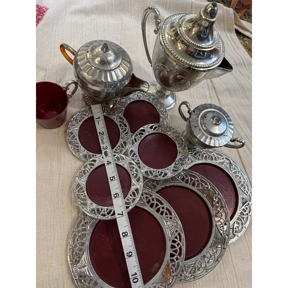 Vintage Silver Tone Tea Coffee Set Burgundy Red Plates Plastic Kids play set